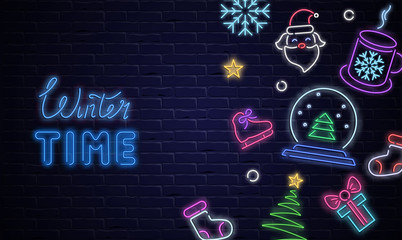 Winter time poster with neon luminous holiday decorations on brick textured background.