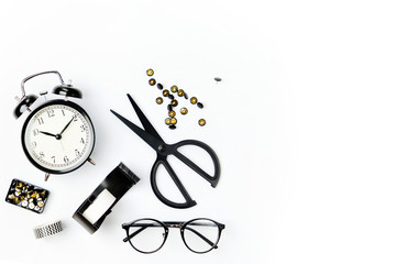 Business Stationery with alarm clock on on white background. Flat lay, top view