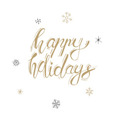Christmas golden calligraphy. Happy holidays greeting text with snowflakes. Hand written modern brush lettering with decorative snowflakes. Hand drawn design elements. Festive sign card. - 234941630