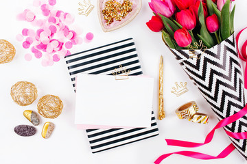 Pink and Gold Styled Desk with Florals. Pink tulips in black and white stylish wrapping paper,...