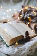 Christmas composition. plaid garland book , Flat lay