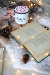 Naklejka na ściany i meble Christmas composition. garland book and marshmallow mug. Flat la