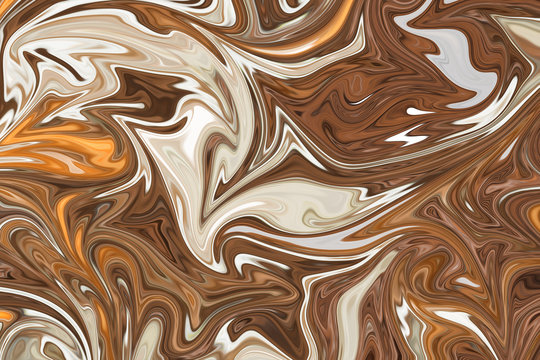Liquify Abstract Pattern With Brown, White And Yellow Graphics Color Art Form. Digital Background With Liquifying Flow.