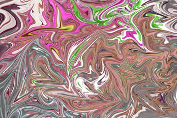 Liquify Abstract Pattern With Pink, Brown, Green, Grey And Yellow Graphics Color Art Form. Digital Background With Liquifying Flow.