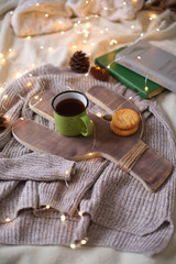 Christmas composition with a cactus tray and a cup, flat lay