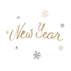 Christmas golden calligraphy. New year greeting text with snowflakes. Hand written modern brush lettering with decorative snowflakes. Hand drawn design elements. Festive sign card.