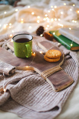 Christmas composition with a cactus tray and a cup, flat lay