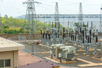 High voltage transformer modern substation electrical switchyard.