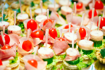 Assortment of canapes. Banquet service.