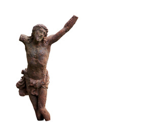 Antique broken statue of Jesus Christ against white background. Religion concept.