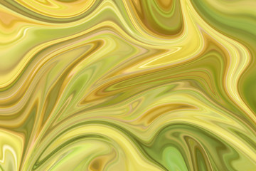 Liquify Abstract Pattern With Green And Yellow Graphics Color Art Form. Digital Background With Liquifying Flow.