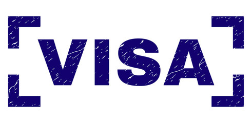 VISA text seal print with distress style. Text tag is placed inside corners. Blue vector rubber print of VISA with retro texture.