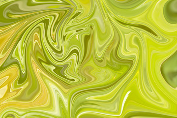 Liquify Abstract Pattern With Green, Lemon, Lime And Yellow Graphics Color Art Form. Digital Background With Liquifying Flow.