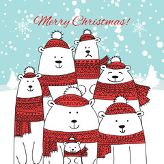 Naklejka premium Christmas card with white bears big family