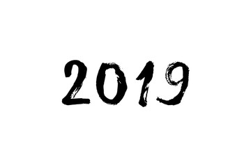 New year greeting black ink calligraphy. 2019 year text. Hand written modern brush lettering. Hand drawn holiday design elements. Festive sign card.
