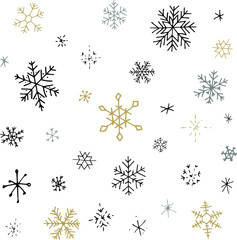 Collection of Christmas snowflakes, modern flat design. Can be used for printed materials.  Winter holiday background. Hand drawn design elements. Festive stickers card.