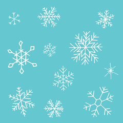 Obraz na płótnie Canvas Collection of Christmas snowflakes on blue backdrop, modern flat design. Can be used for printed materials. Winter holiday background. Hand drawn design elements. Festive stickers card.