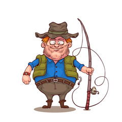 Fisher cartoon character. Fat man holding a fishing rod. Vector illustration, eps 10.