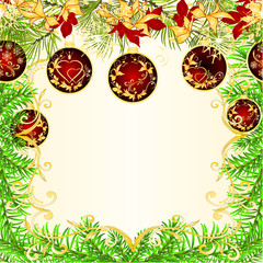 Christmas and New Year decoration frame red Christmas ornaments  golden and red poinsettia leaves  and fir tree branch  and golden snowflake vintage vector illustration editable hand draw
