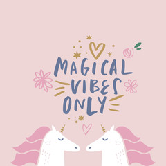 Vector cute postcard design with pastel colored unicorns and lettering sign