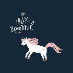 Vector cute unicorn illustration, card and t-shirt design