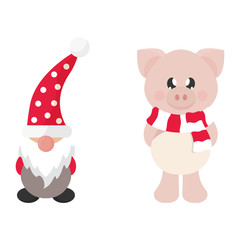 cartoon christmas dwarf and winter pig with scarf