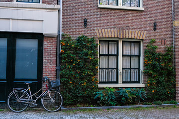 Fototapeta na wymiar bicycle parked at the front door in Amsterdam