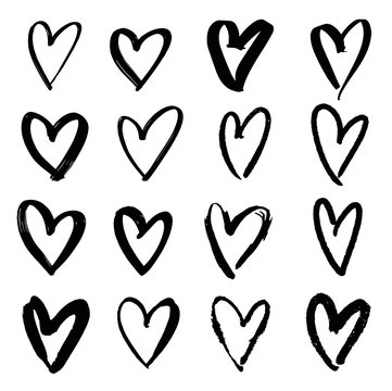 Grunge vector abstract hand - painted hearts. Set of black brush stroke and texture. Underline and border.