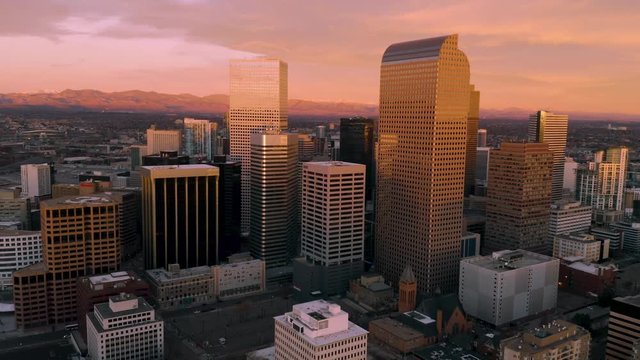 4k aerial drone footage - Sunrise over the city of Denver Colorado.