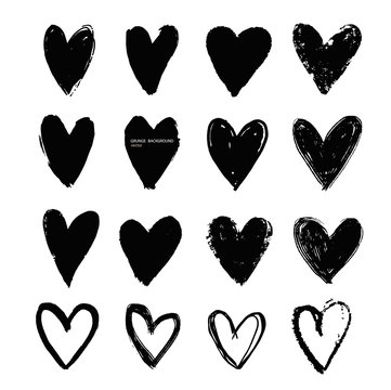Grunge vector abstract hand - painted hearts. Set of black brush stroke and texture. Underline and border.