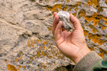 transparent gypsum crystals on a piece of rock on the palm of geologist`s hand on the background of...