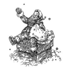 Santa Claus with bag of gifts sitting on chimney. Sketch. Engraving style. Vector illustration.