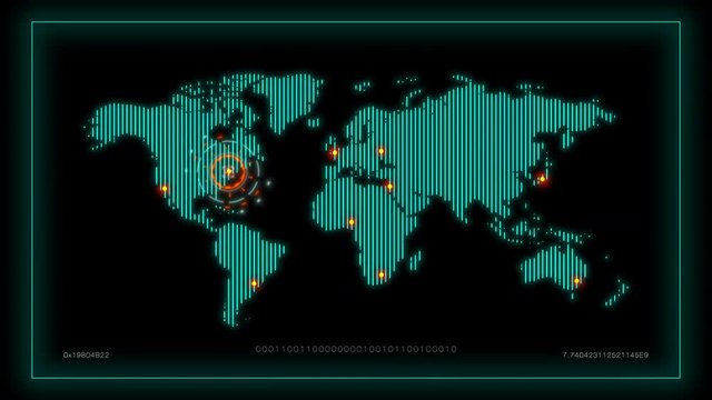 World map surveillance with different cities highlighted, includes glitch effects and special effects. 