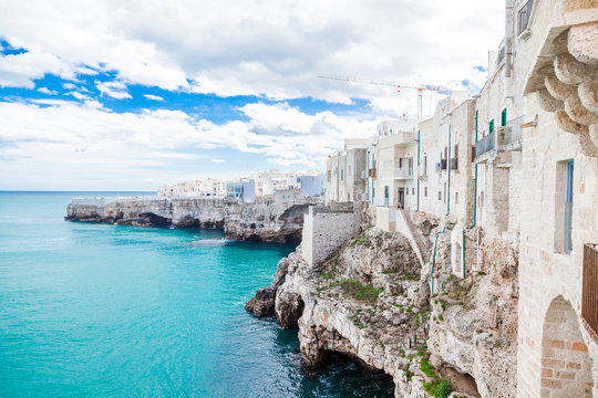 Italy, Puglia, Polognano a Mare, view of historic old town at seaside