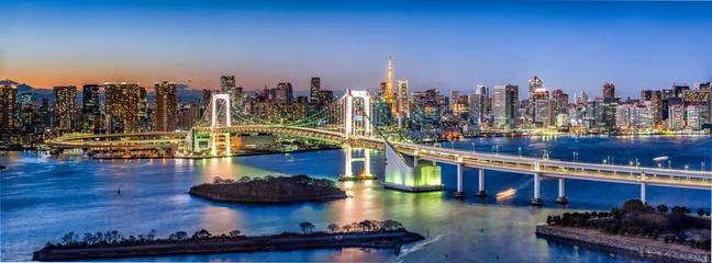 Poster Rainbow Bridge Panorama in Odaiba mit Tokyo Tower, Tokyo, Japan © eyetronic