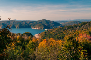 Solina Lake, Bieszczady, Poland. Views from hill to lake in sunny autumn day