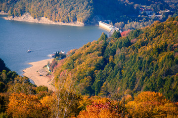 Solina Lake, Bieszczady, Poland. Views from hill to lake in sunny autumn day