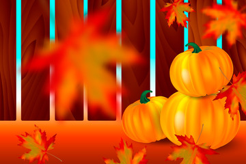 Bright orange pumpkins and falling red maple leaves with blur on autumn background with wooden fence. Seasonal banner or holiday vintage card. Realistic Vector illustration