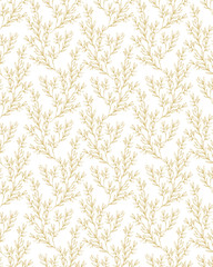 Obraz premium Delicate Floral Repeatable Vector Pattern. Golden Twigs and Leaves on a White Background. Subtle Design. Lovely Hand Drawn Sprigs Artwork.