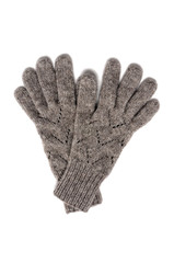 Gray gloves with a pattern on a white background. View from above.