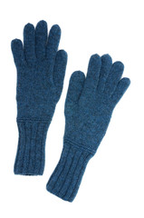 Blue gloves with a pattern on a white background. View from above.