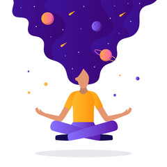 Girl with space hair floating in the air. Lotus position. The concept of meditation, generation of ideas, communication with the cosmos. Flat vector illustration.