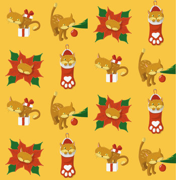 Christmas pattern with a cat in different positions playing with Christmas elements