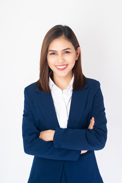 Beautiful Business Woman In Blue Suit Is Smiling On White  Background