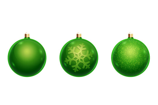 Set of christmas balls in green color isolated on white background. Christmas decorations, ornaments on the Christmas tree.