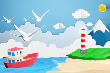 Paper art style of Lighthouse and Boat is sailing in the sea under the sunlight, Origami summer time and travel concept, Easy to use by print a special offer or whatever you want, 3D rendering design.