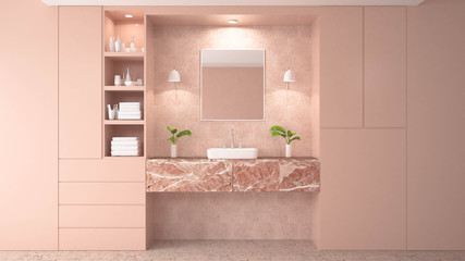 Modern white bathroom 3d rendering image. There are pink tile wall and floor. - 234954482