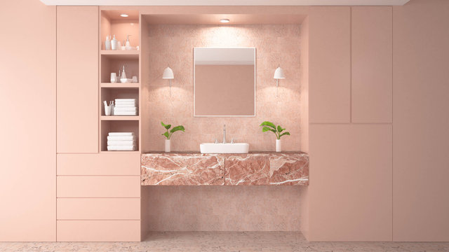 Modern White Bathroom 3d Rendering Image. There Are Pink Tile Wall And Floor.