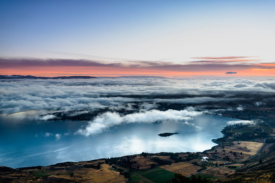 New Zealand, South Island, Otago, Aerial view of Lake Wanaka at sunrise