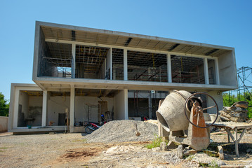 Perspective and landscape of house under construction with blue sky in background